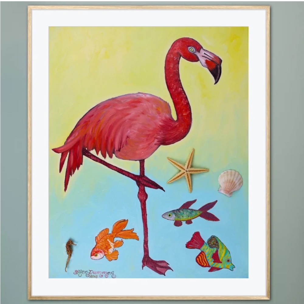 Flamingo Fish Art Print Oil Painting Ocean Tropical Beach Coastal whimsical